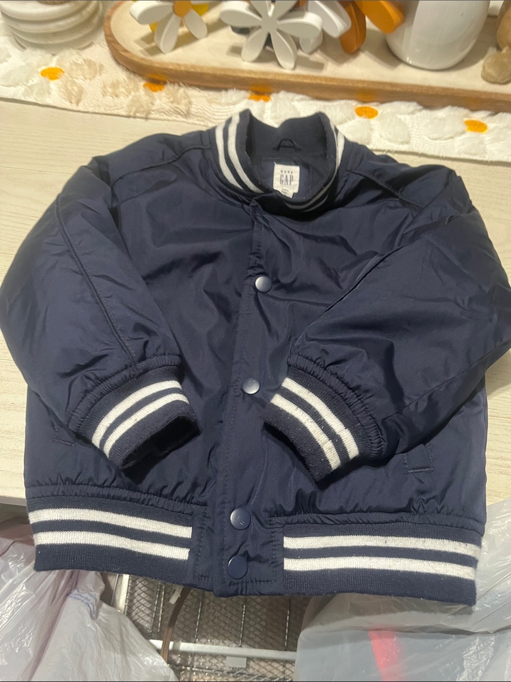 GAP Navy Puffer Bomber Jacket with White Stripe Trim